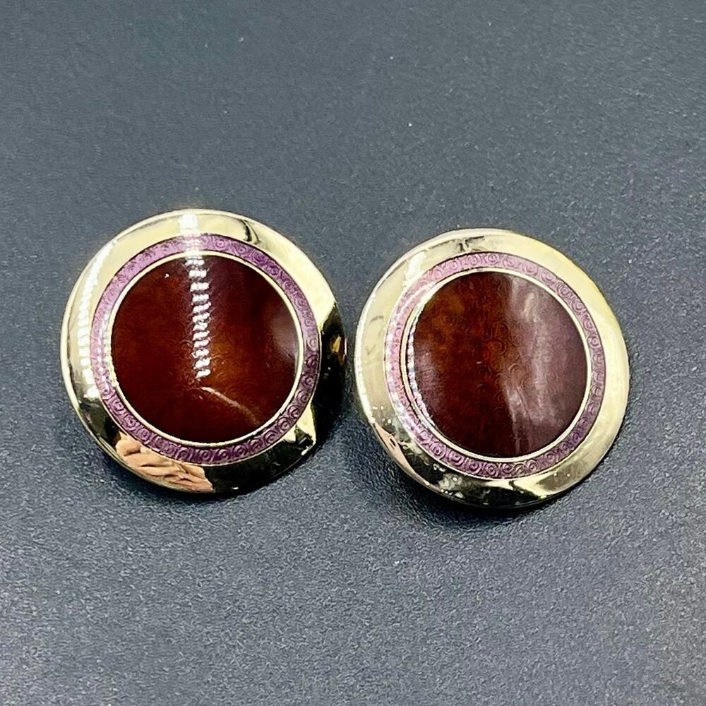 Laurel Burch Vintage VICTORIA Brown Purple Round Clip on Earrings‎